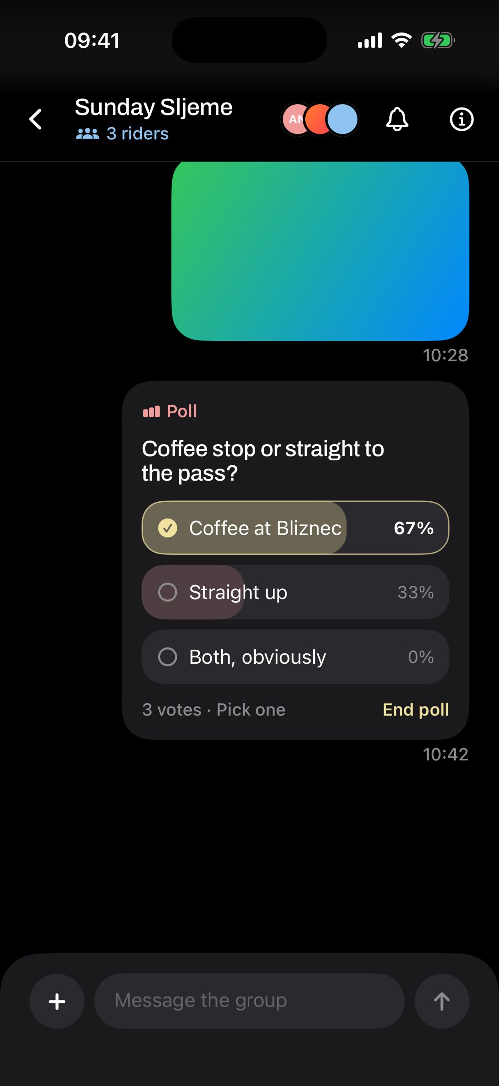A group ride chat with a poll: coffee stop or straight to the pass