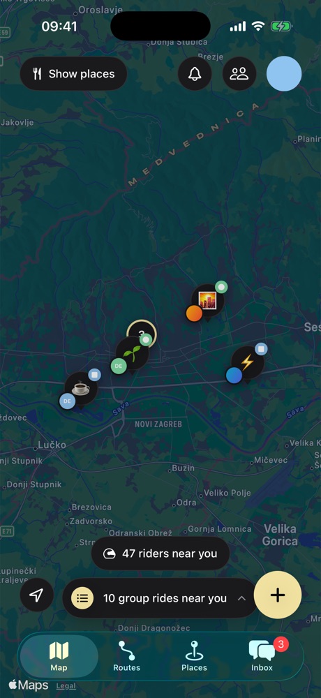The MotoBFF map: group ride pins around Zagreb, 47 riders near you, and 10 group rides near you