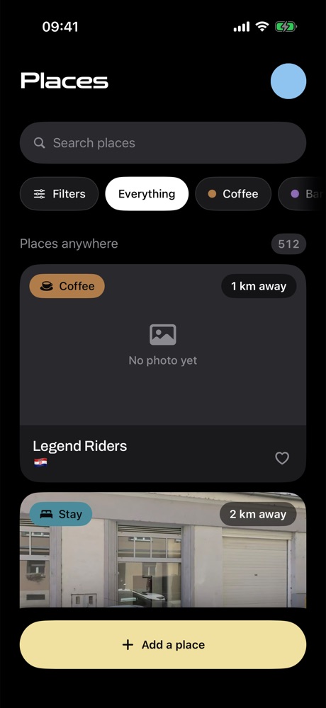 The Places list: search, filters for coffee, bars, food and stays, and a list of biker-friendly stops with distances