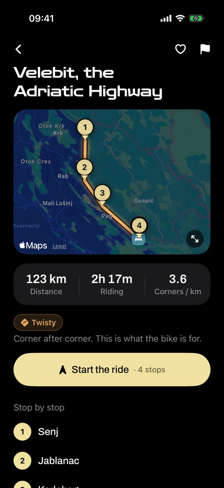 Velebit, the Adriatic Highway: 123 km, 2 hours 17 minutes, 3.6 corners per kilometre, with four stops on the map